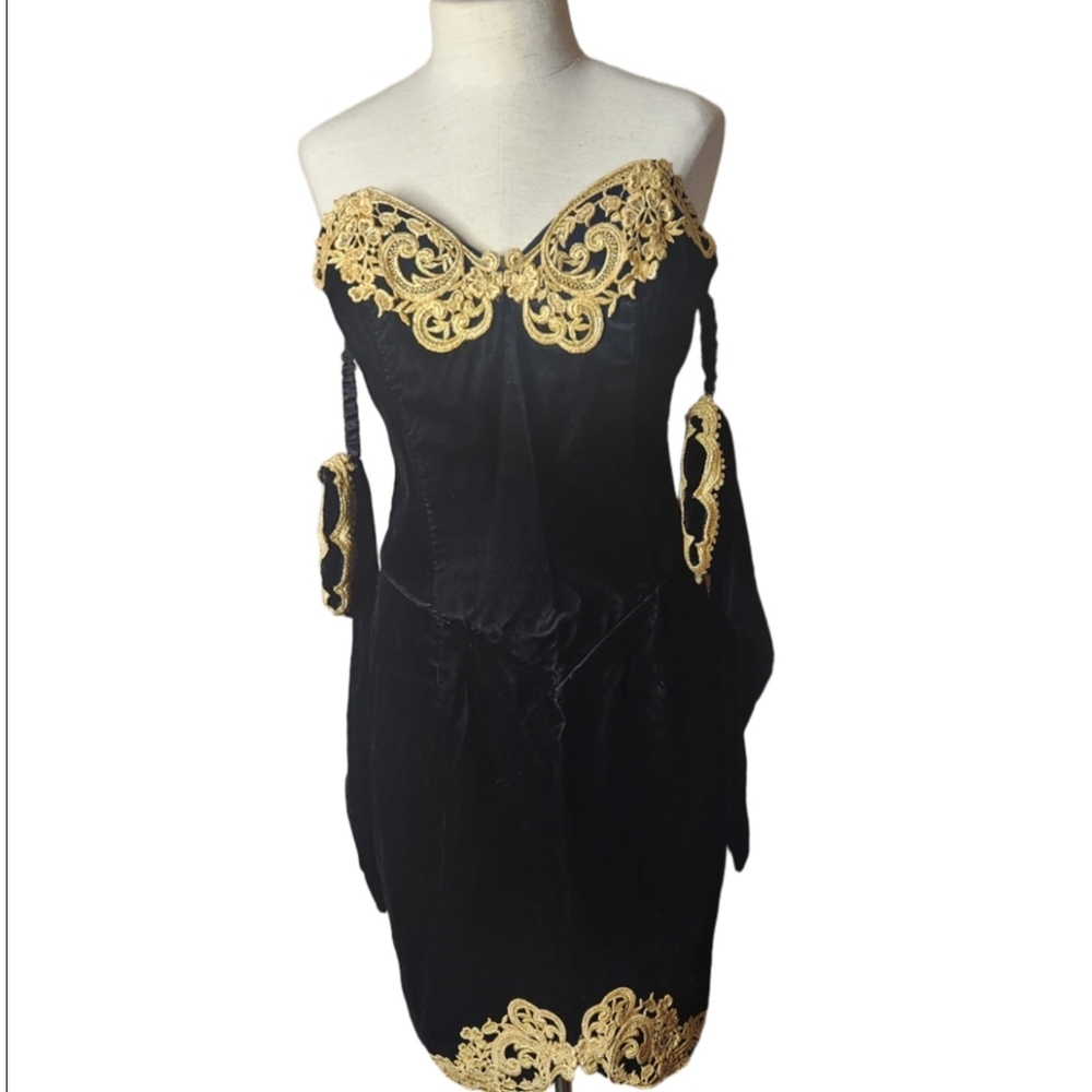 Jessica McClintock Black and Gold Mini Dress Size Medium